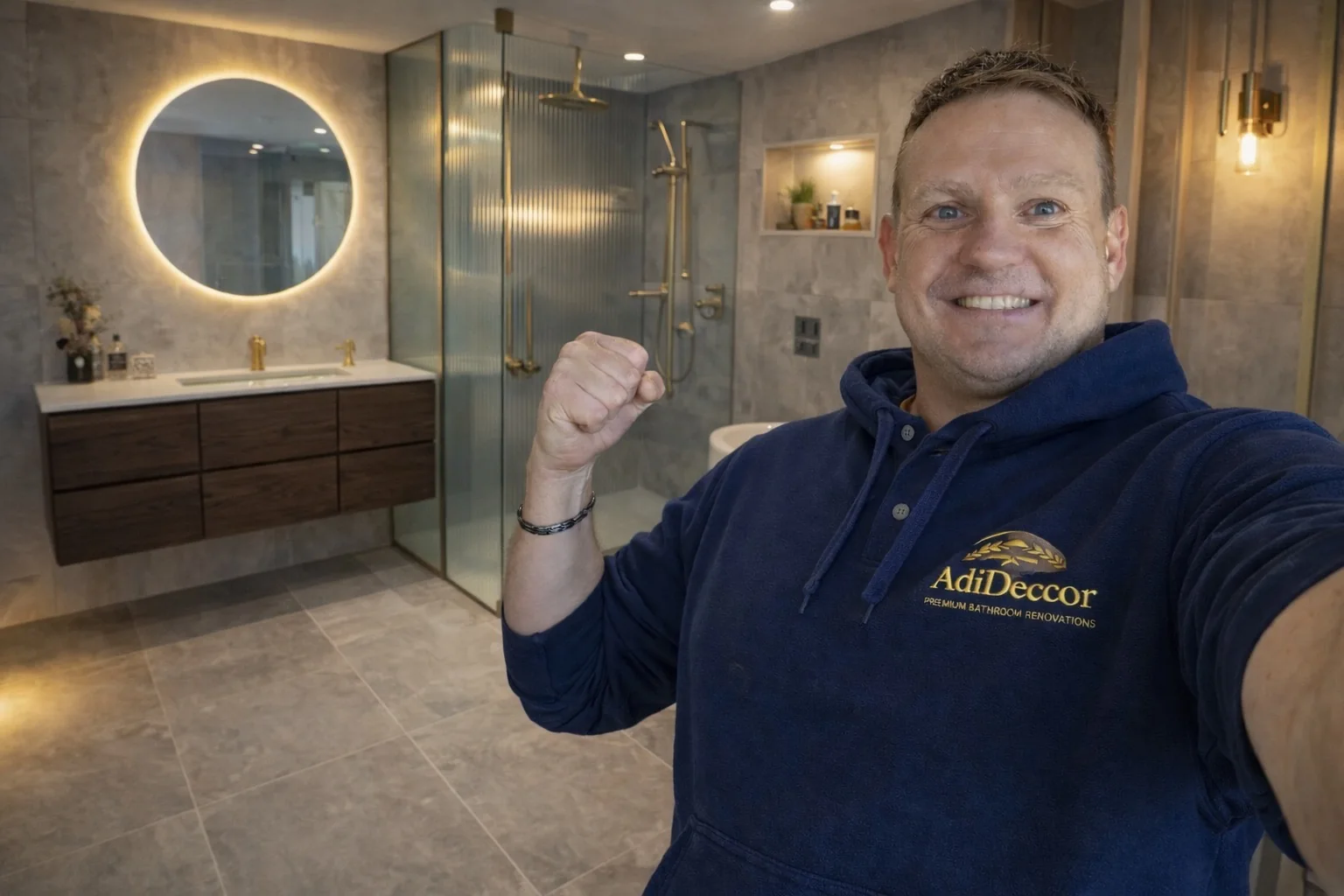 Adrian Trzesniak of AdiDeccor in a finished bathroom with a fluted glass shower and backlit round mirror