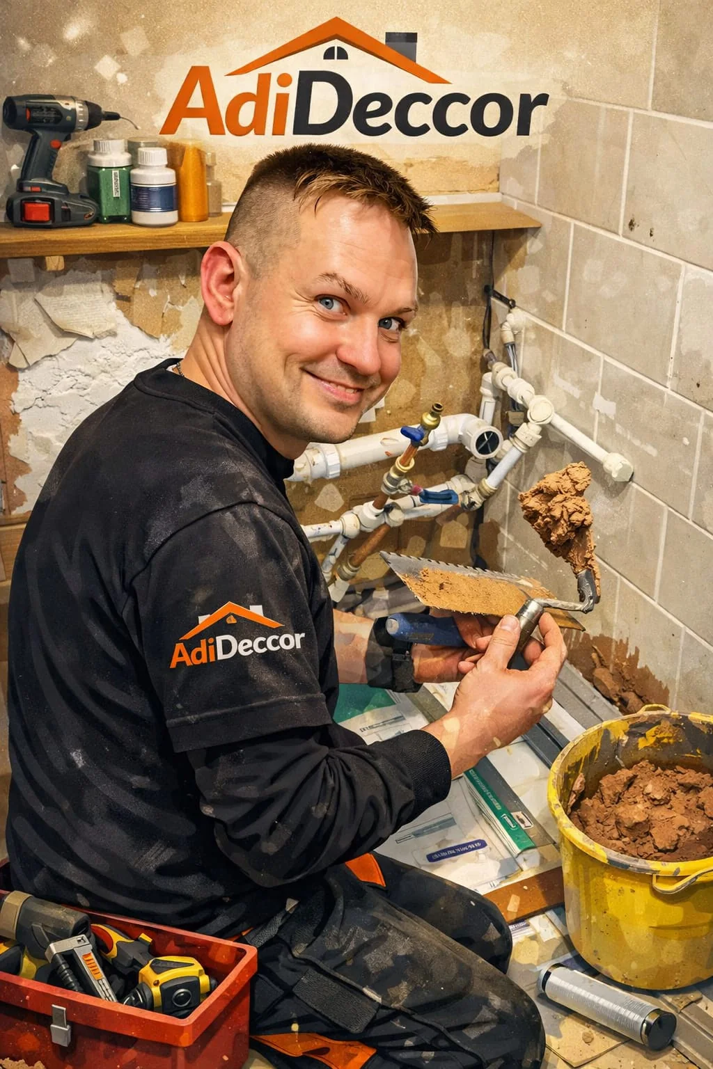 Adrian Trzesniak applying tile adhesive during a bathroom renovation