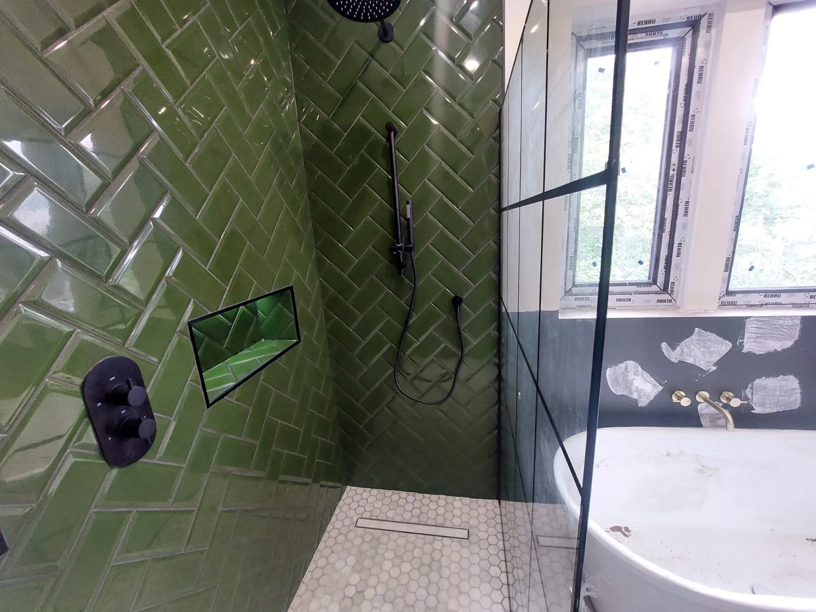 Hexagon floor and linear drain — AdiDeccor bathroom project